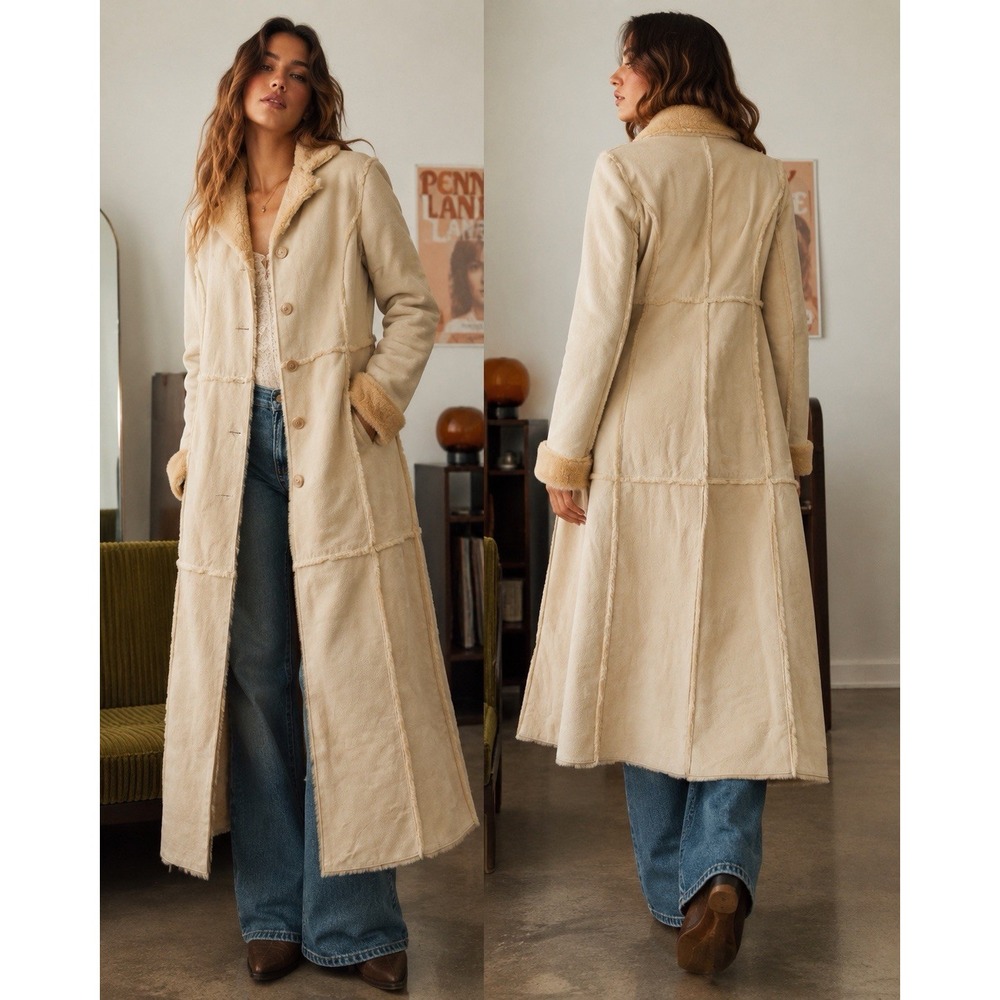 VTG Penny Lane Faux Fur Suede Coat Size M Marvin Richards Trimmed Lined Patch